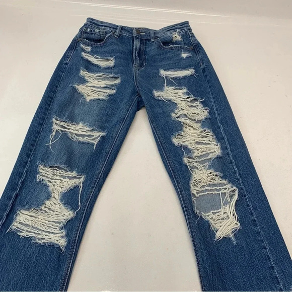 American Eagle Mom Jeans Woman 2 High Rise Straight Taper Ripped Distress - Picture 8 of 16